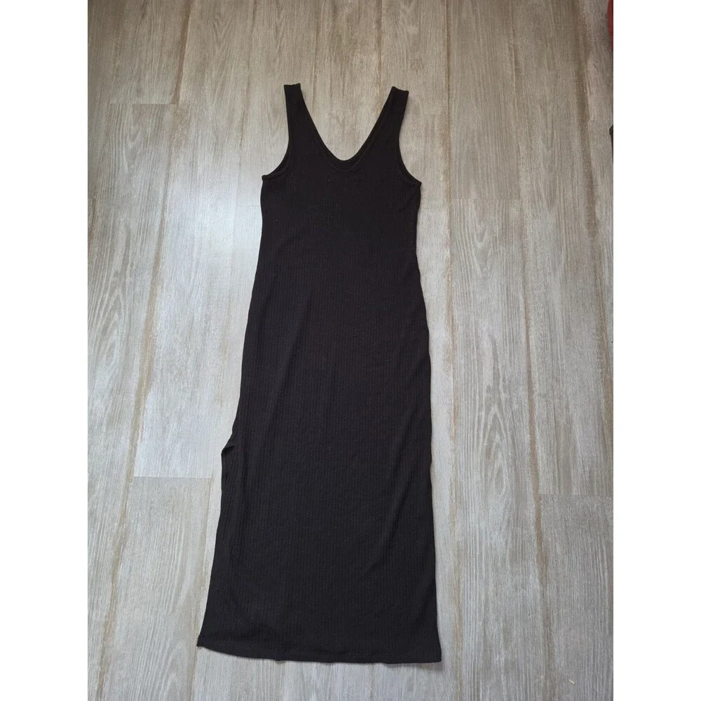 Abercrombie & Fitch Black Ribbed V Neck Side Slit Maxi Tank Dress Size S EUC